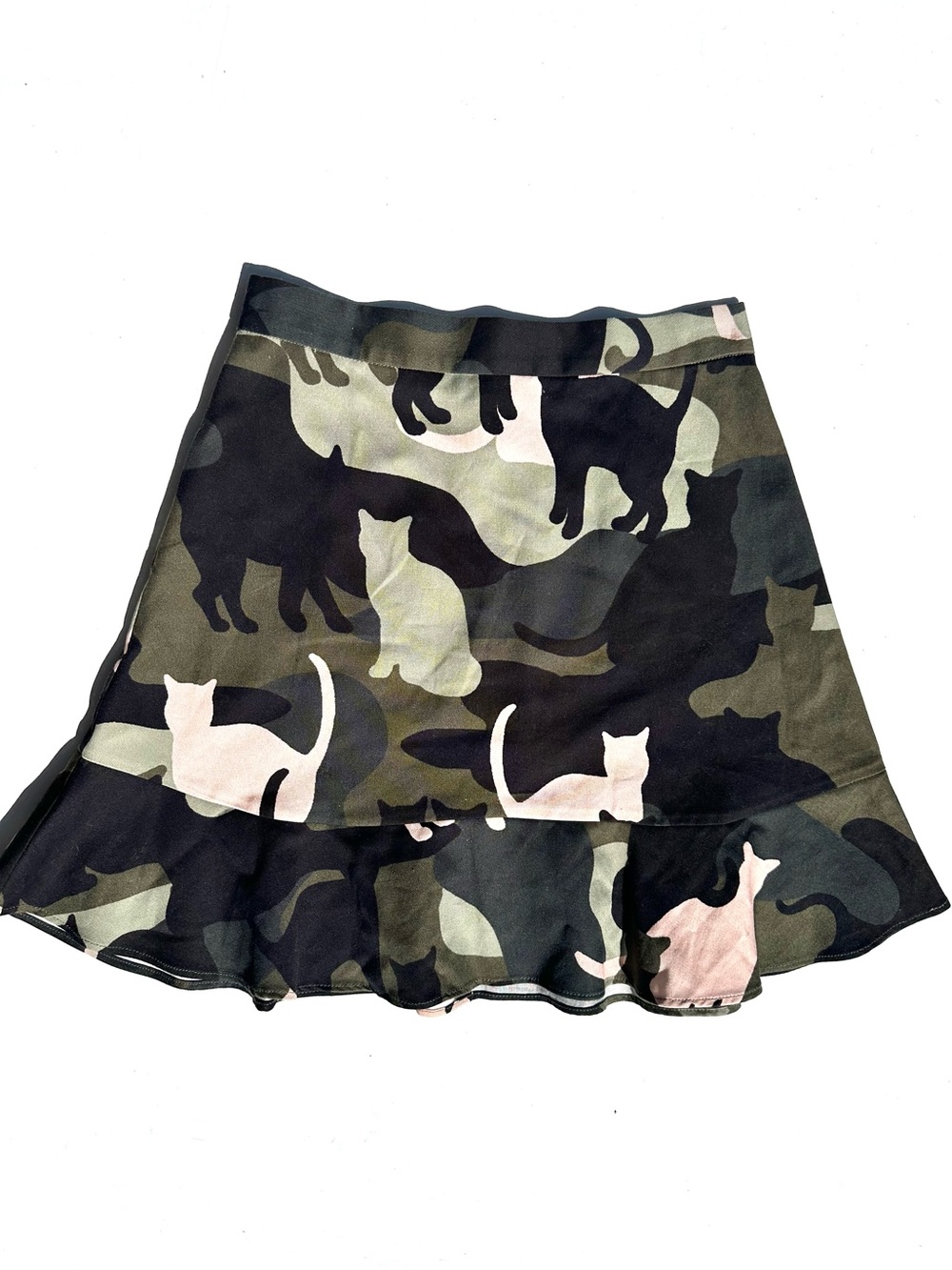 Paul & Joe Sister Olive Green Camouflage Skirt with Pale Pink Cat Print 36, US 4